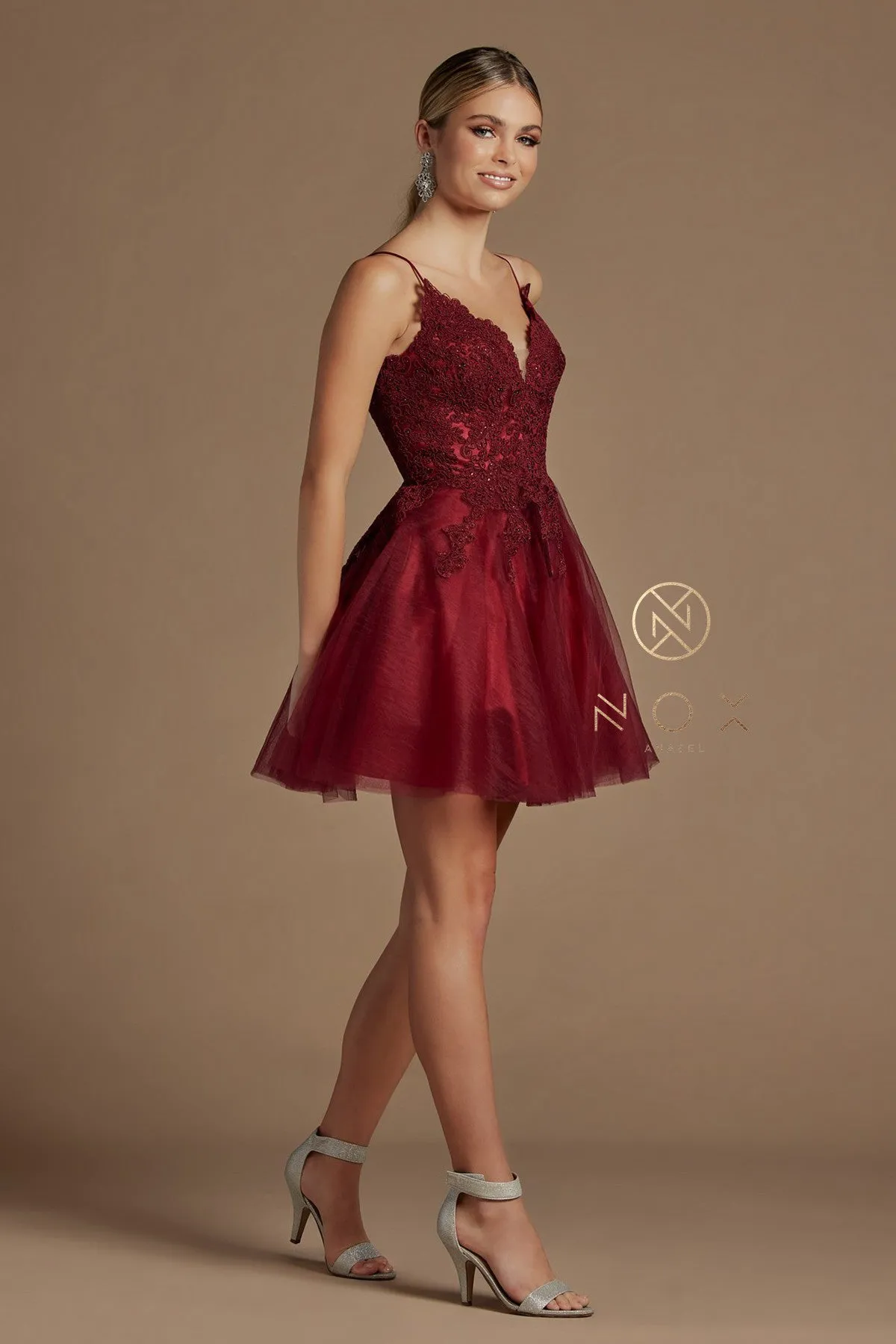 N R707 - Beaded Applique Bodice A-Line Homecoming Dress with Layered Tulle Skirt & Open Lace Up Corset Back