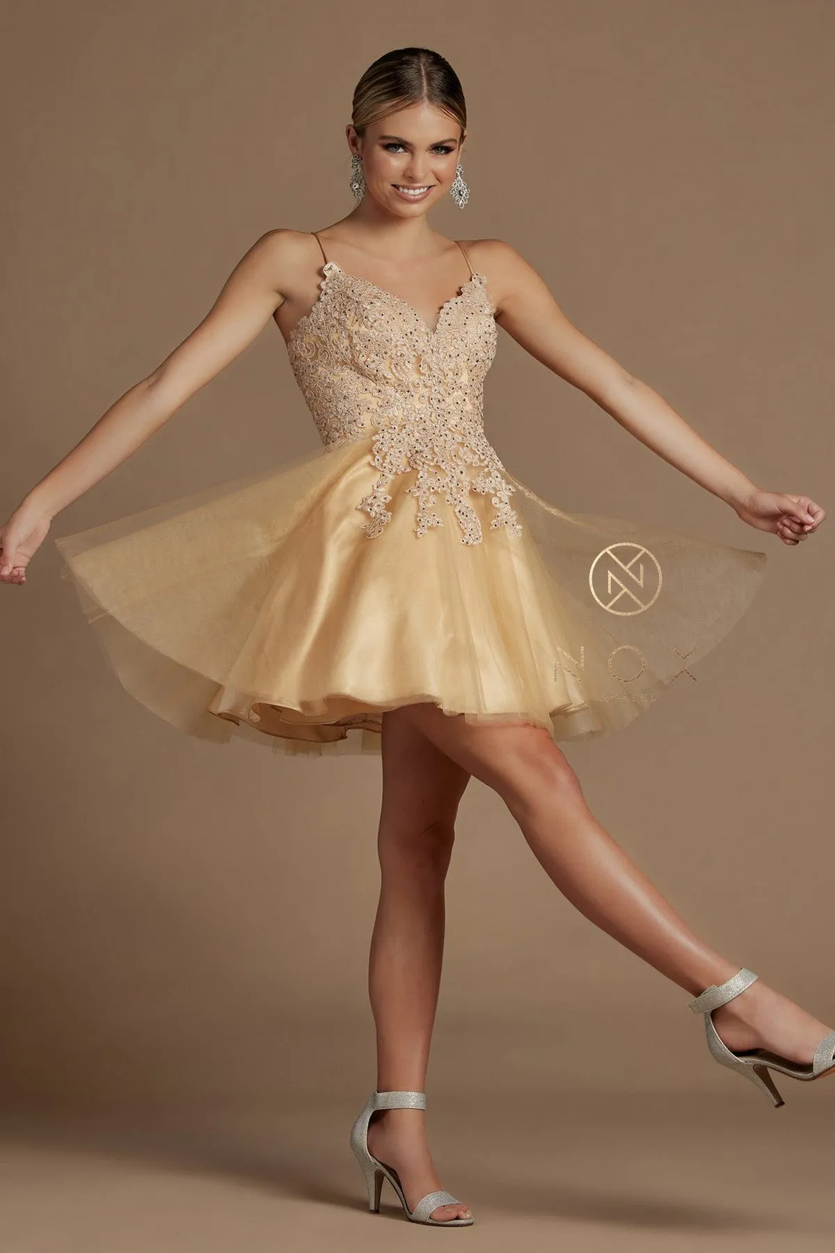 N R707 - Beaded Applique Bodice A-Line Homecoming Dress with Layered Tulle Skirt & Open Lace Up Corset Back