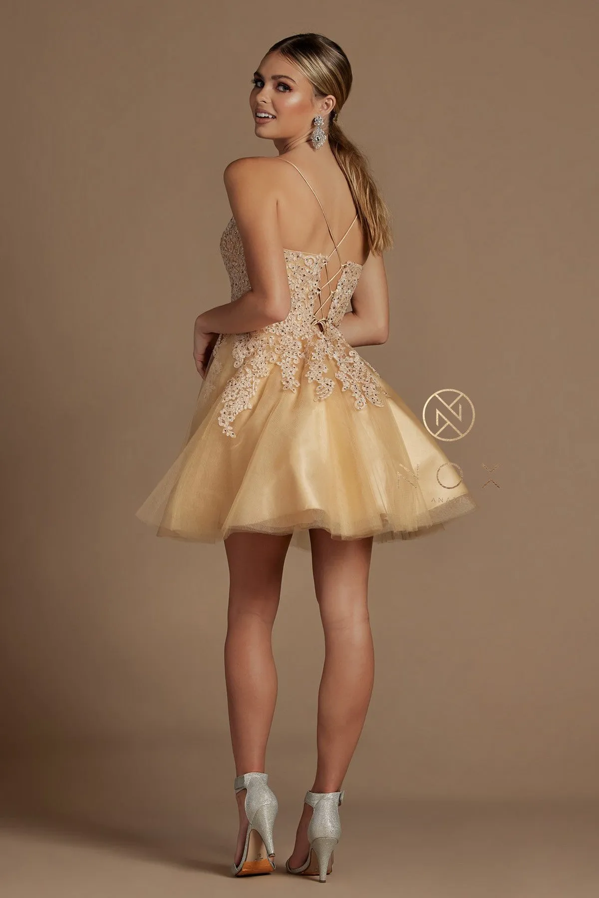 N R707 - Beaded Applique Bodice A-Line Homecoming Dress with Layered Tulle Skirt & Open Lace Up Corset Back
