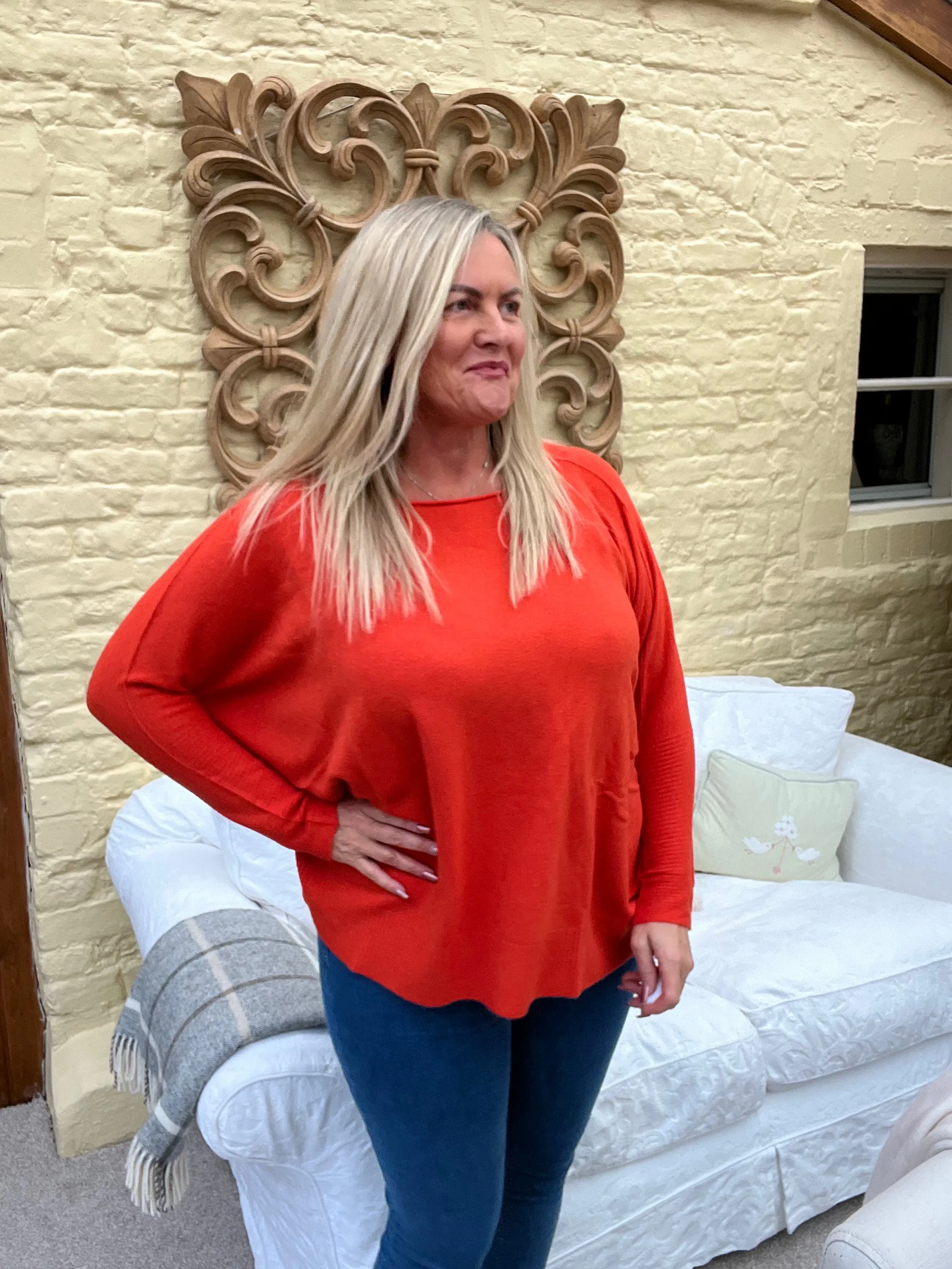 Naples Relaxed Batwing Ribbed Long Sleeves Jumper Orange