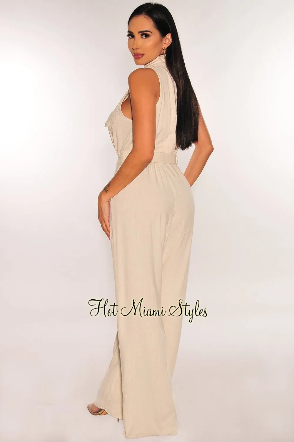 Nude Linen Sleeveless Collared Button Down Snatched Wide Leg Jumpsuit