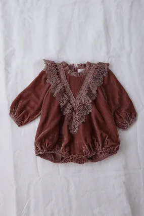 PETITE AMALIE TRIM VELVET CROCHET WINTER ROSE ROMPER