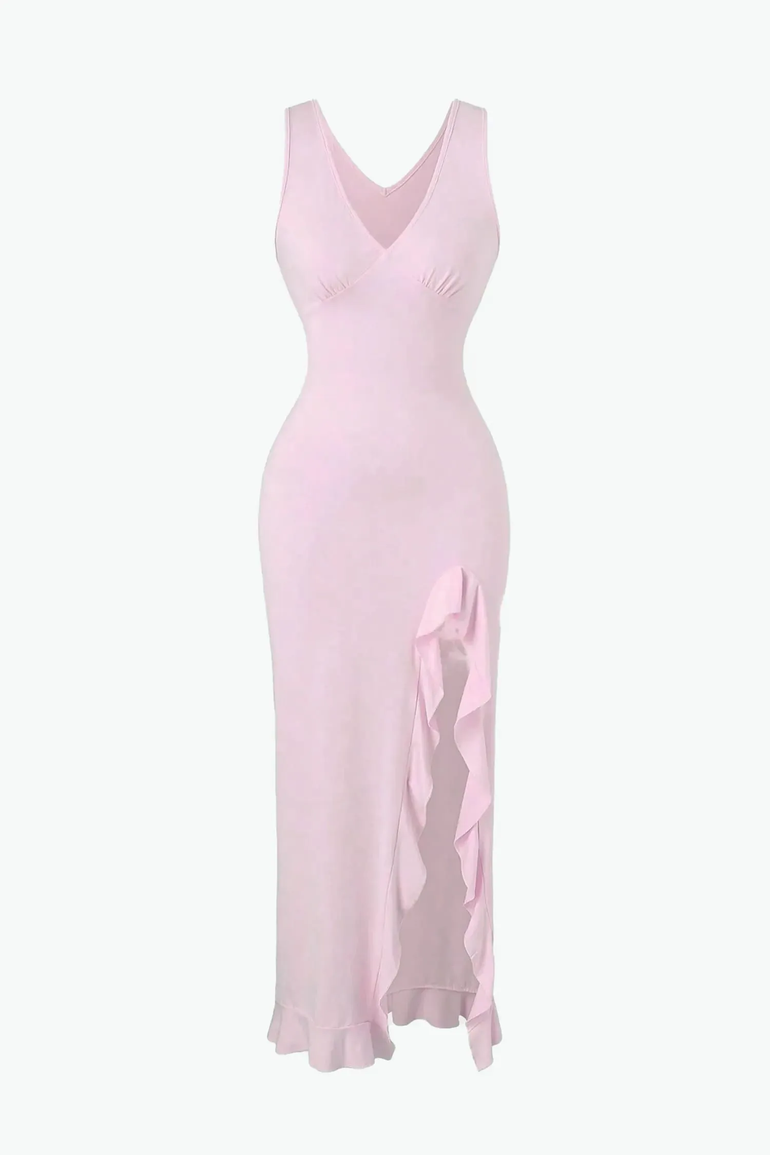 Pink V-neck Slit Maxi Dress