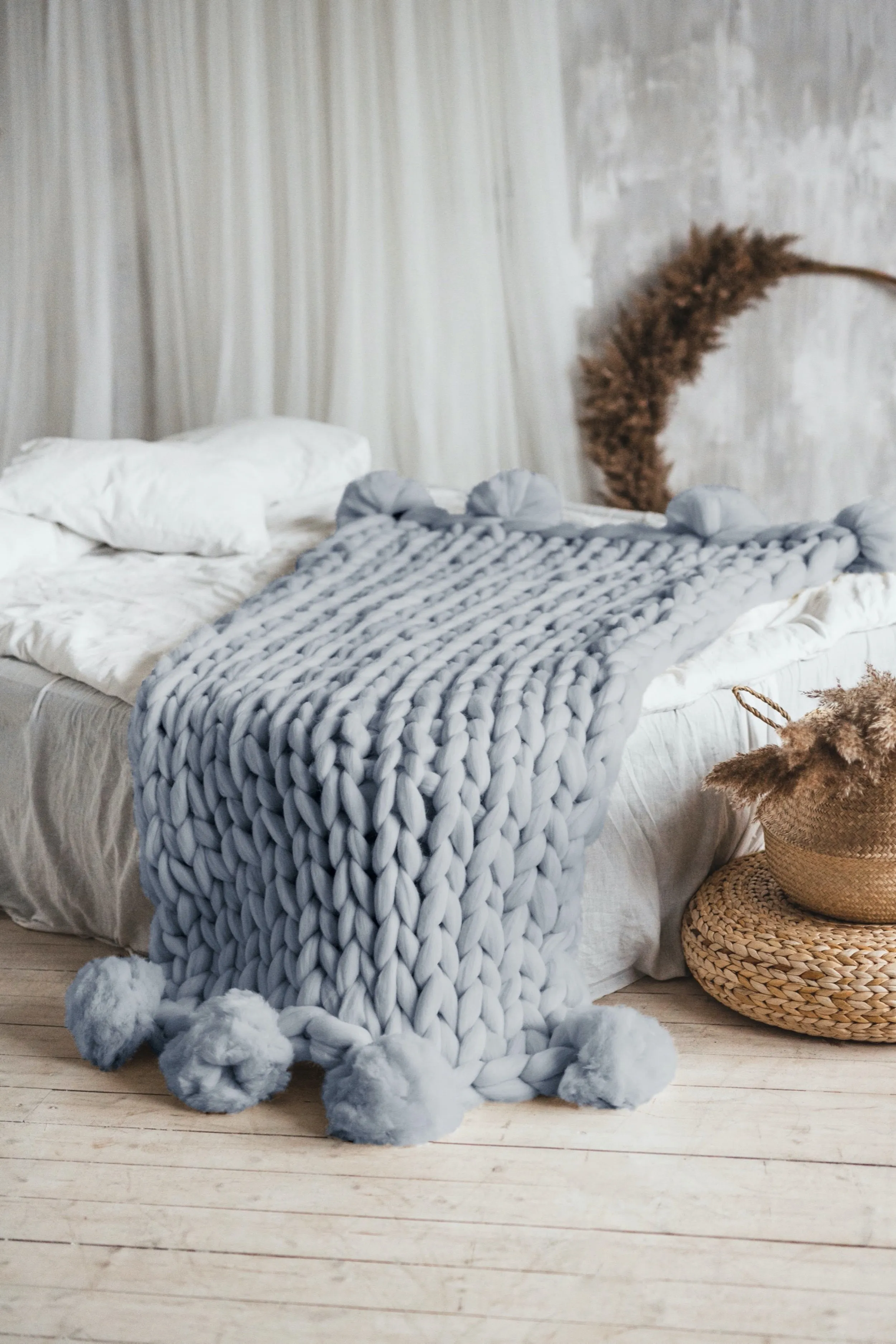Pom pom blanket, bed accent blanket