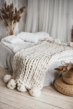 Pom pom blanket, bed accent blanket