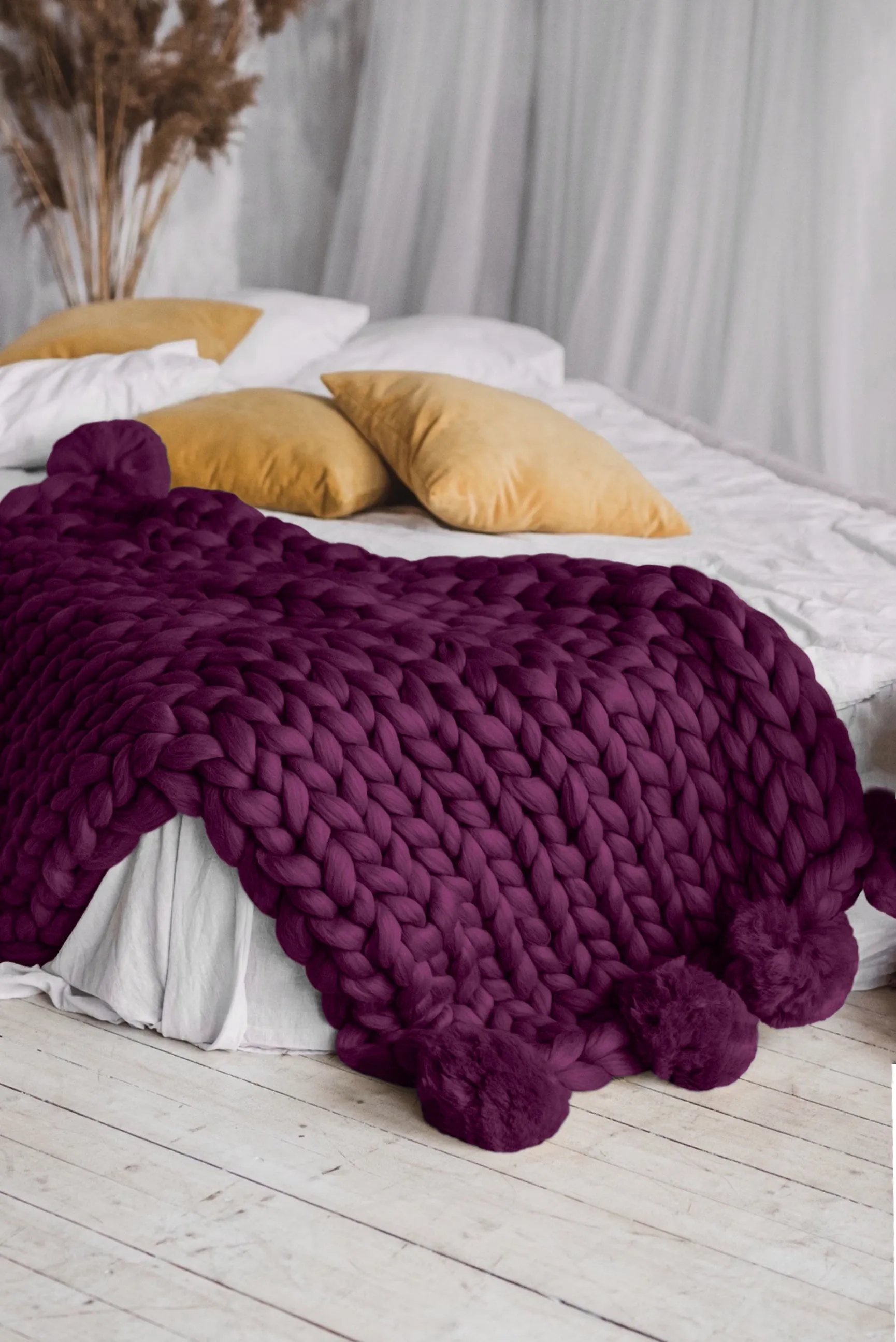 Pom pom blanket, bed accent blanket