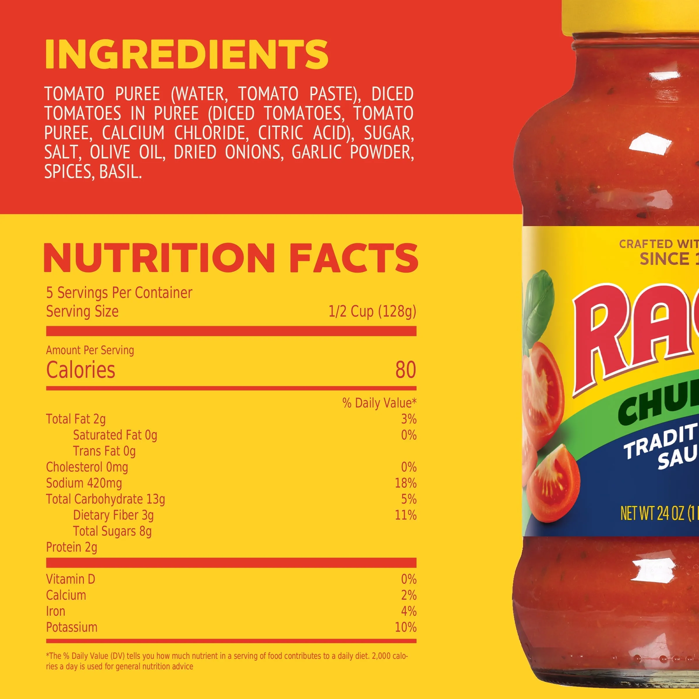 Ragu Chunky Traditional Pasta Sauce with Diced Tomatoes and Basil, 24 oz