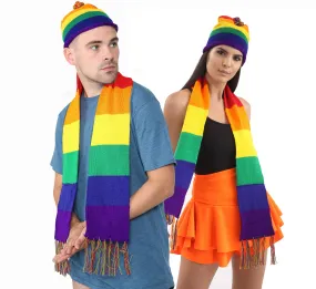 Rainbow Striped Scarf with Knitted Hat Gay Pride LGBTQ Fancy Dress Party 2 Pcs Set