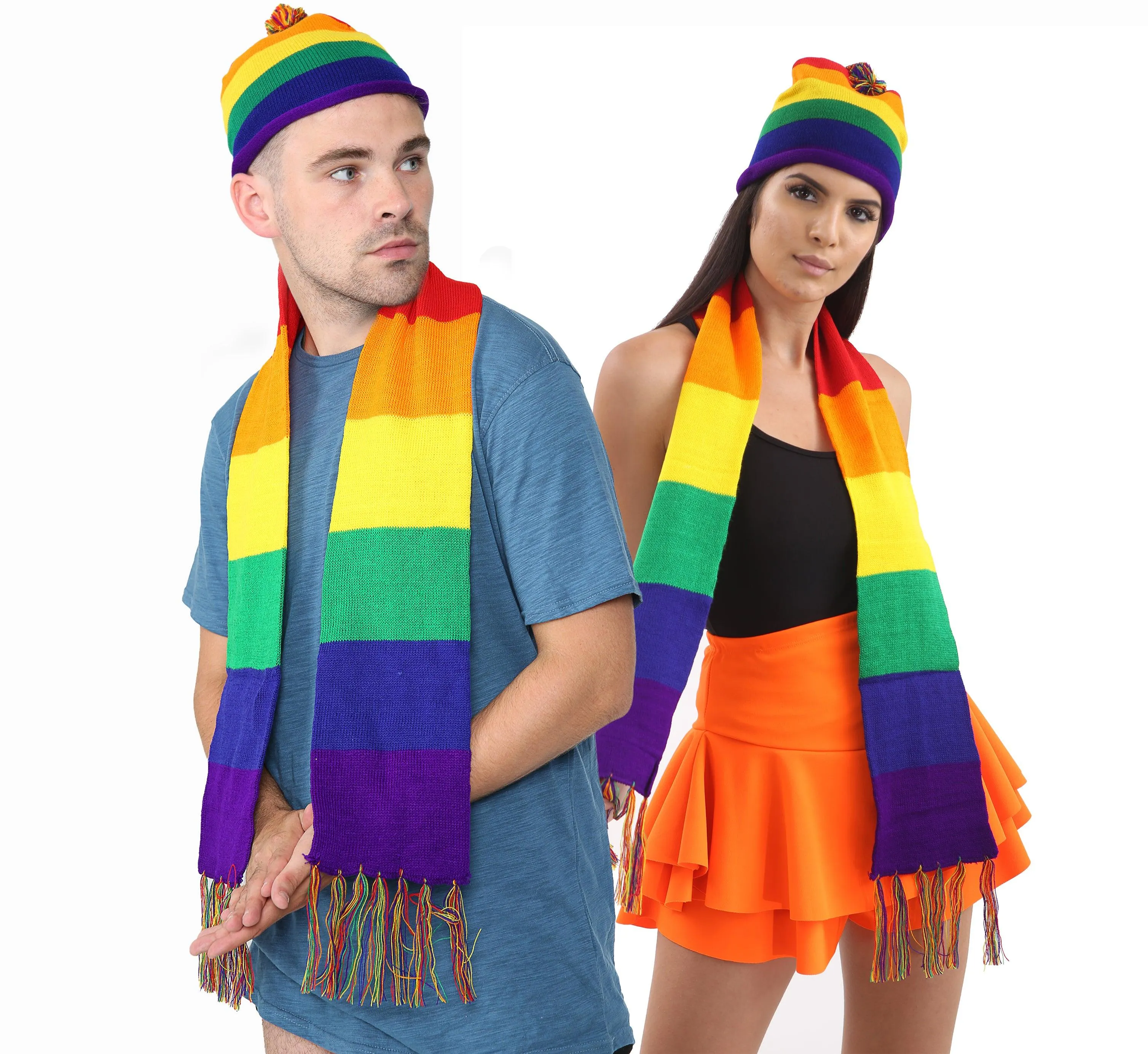 Rainbow Striped Scarf with Knitted Hat Gay Pride LGBTQ Fancy Dress Party 2 Pcs Set