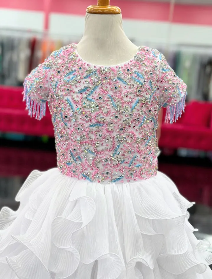 Samantha Blake 1138 Size 6 White Pleated Girls Pageant Dress beaded Fringe Beaded Crystal Gown