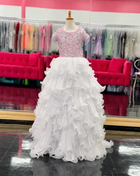 Samantha Blake 1138 Size 6 White Pleated Girls Pageant Dress beaded Fringe Beaded Crystal Gown