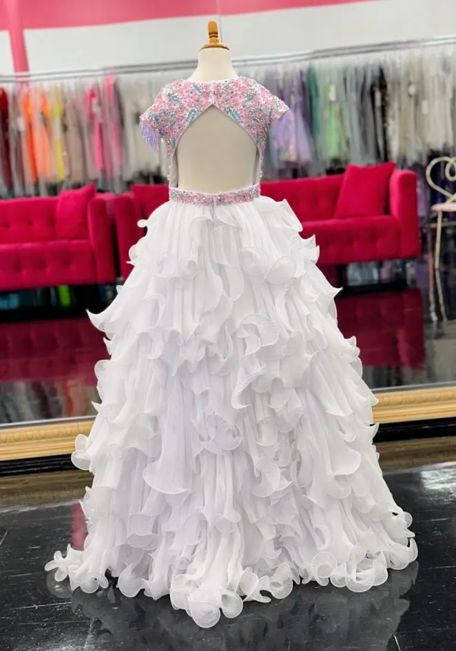 Samantha Blake 1138 Size 6 White Pleated Girls Pageant Dress beaded Fringe Beaded Crystal Gown