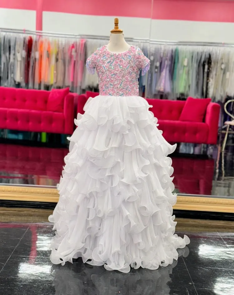 Samantha Blake 1138 Size 6 White Pleated Girls Pageant Dress beaded Fringe Beaded Crystal Gown