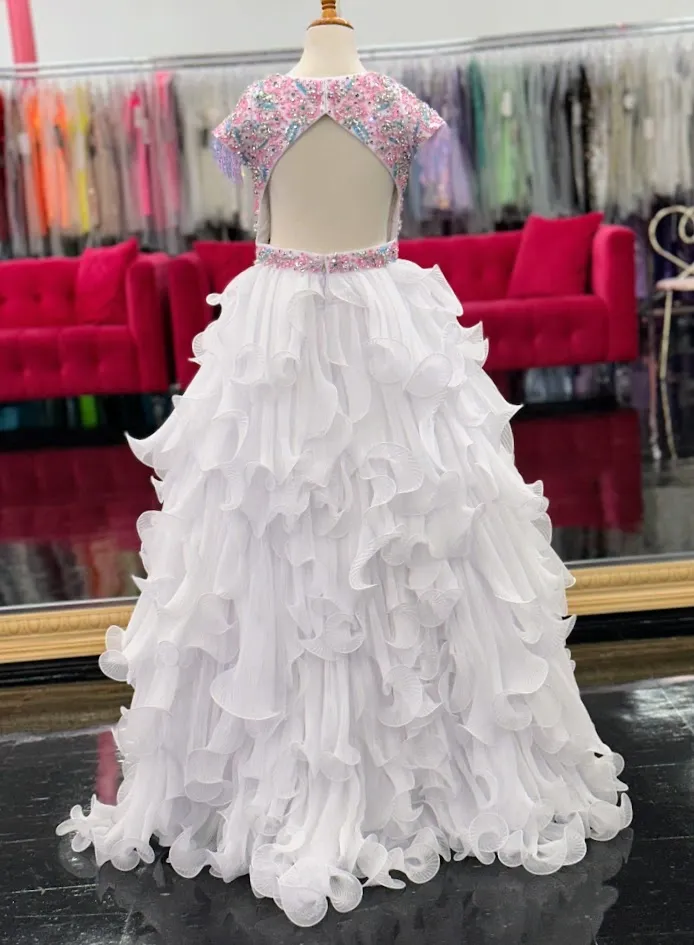 Samantha Blake 1138 Size 6 White Pleated Girls Pageant Dress beaded Fringe Beaded Crystal Gown