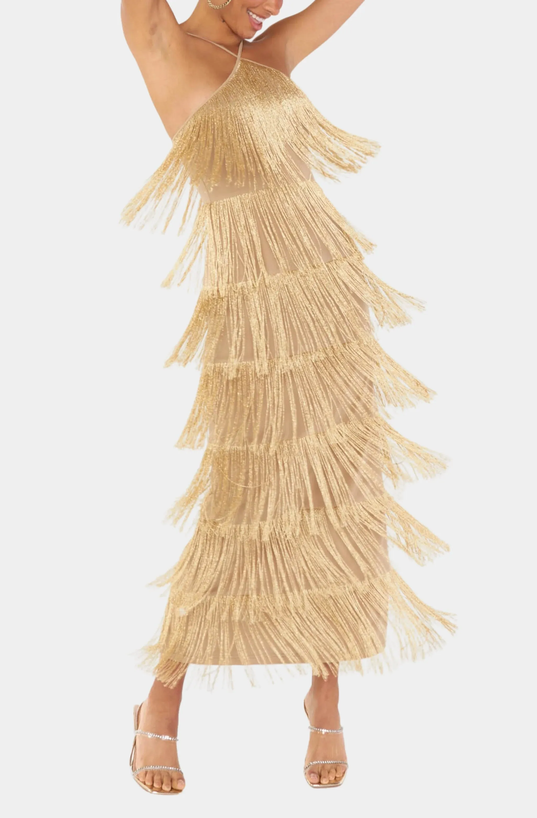 Show Me Your Mumu Gatsby Fringe Maxi Dress in Gold Rush