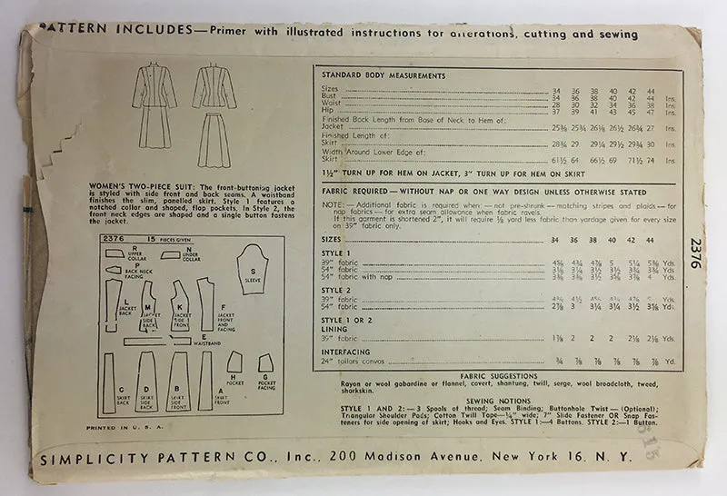 Simplicity 2376 1940s Two Piece Suit Sewing Pattern