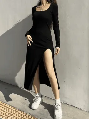 Slit Velvet Long Sleeve Black Maxi Dress