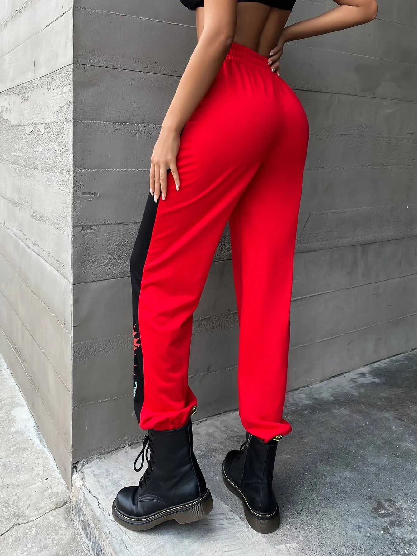 Sporty Colorblock Drawstring Natural Long Women Pants
