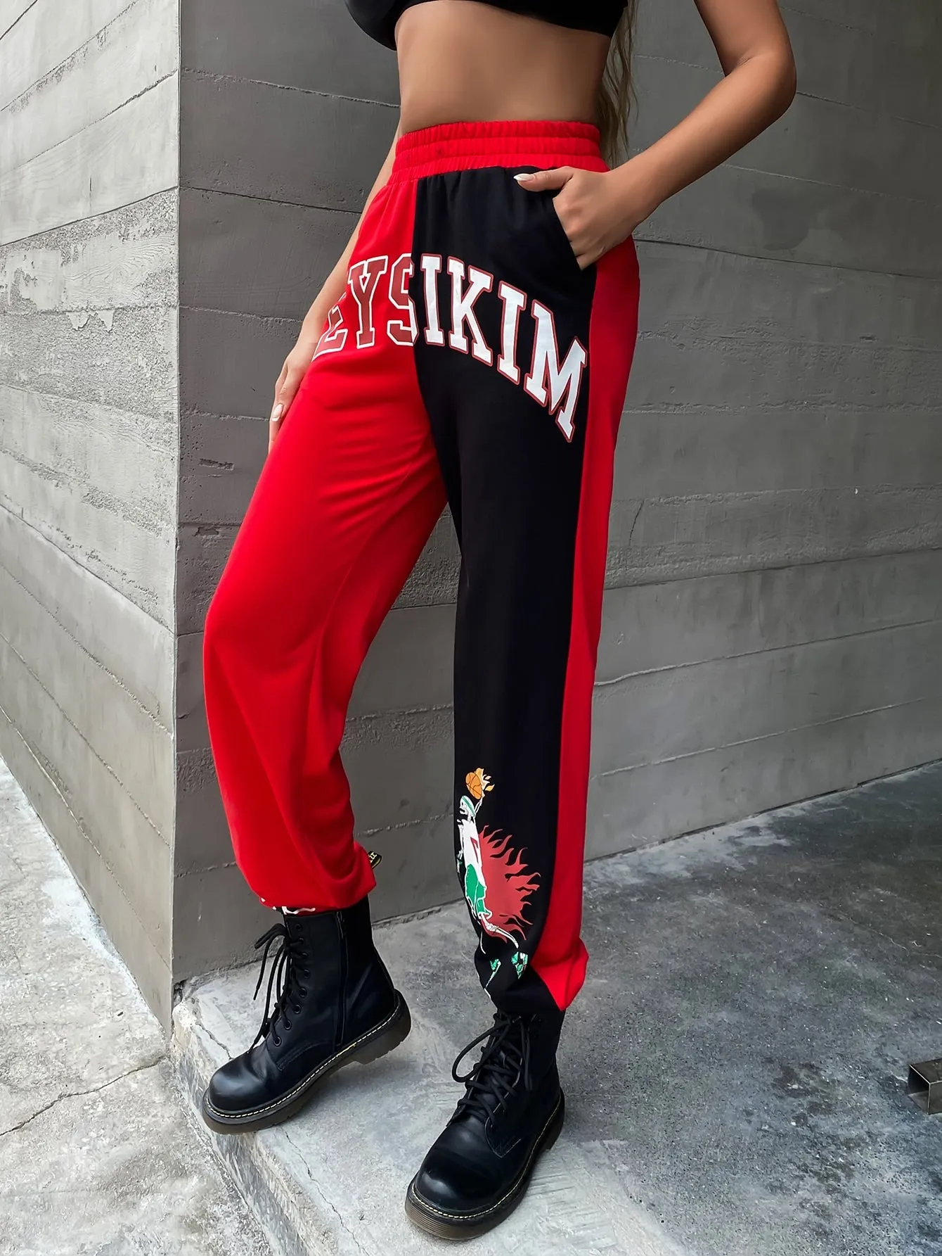 Sporty Colorblock Drawstring Natural Long Women Pants
