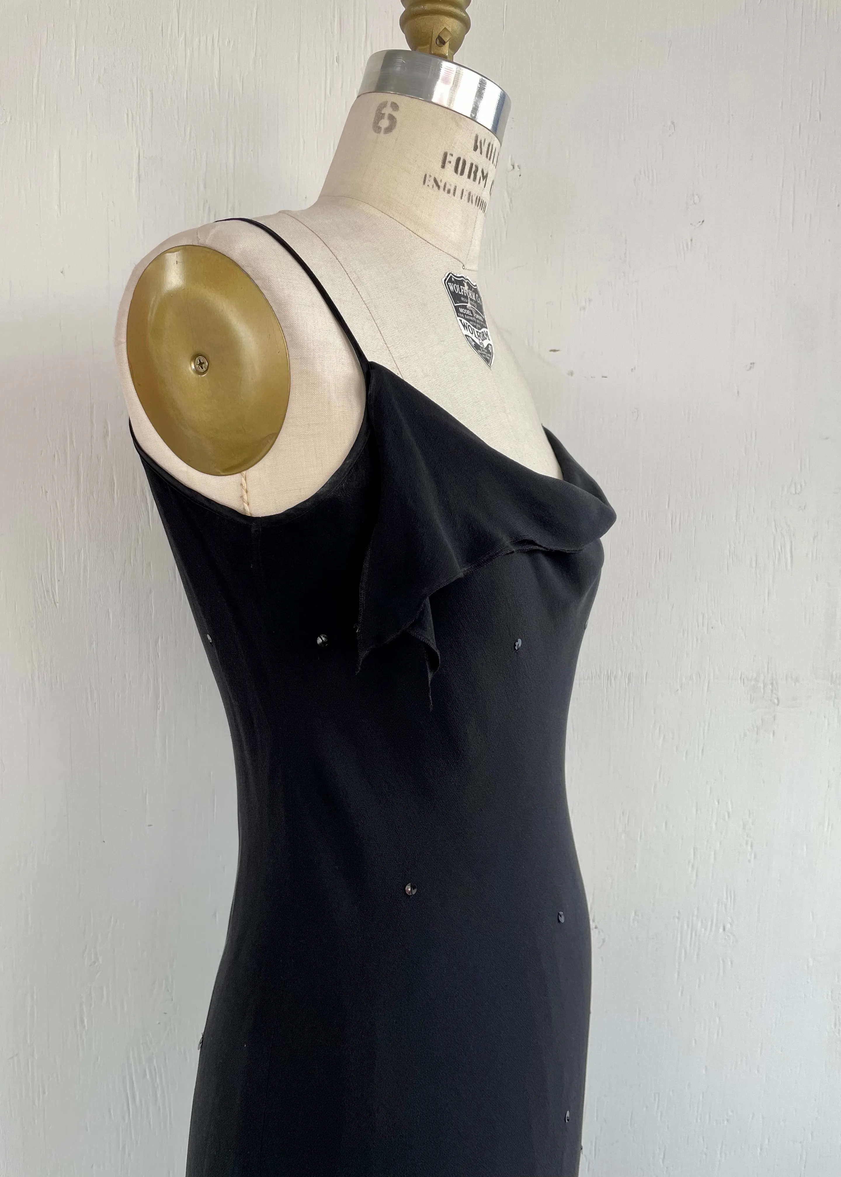 SUSAN ANGELOZZI black bias cut silk chiffon slip dress w/ sequins, S