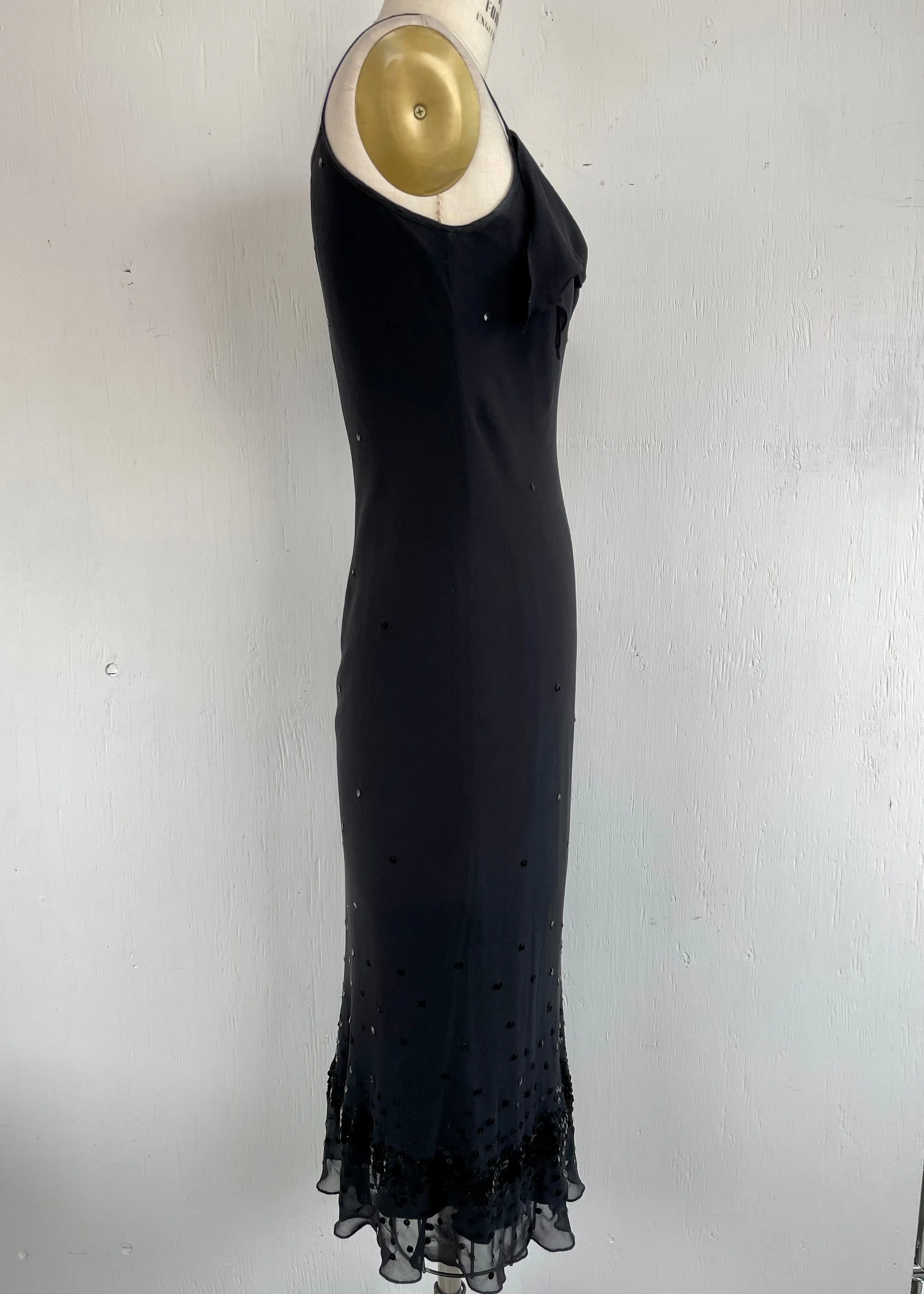 SUSAN ANGELOZZI black bias cut silk chiffon slip dress w/ sequins, S