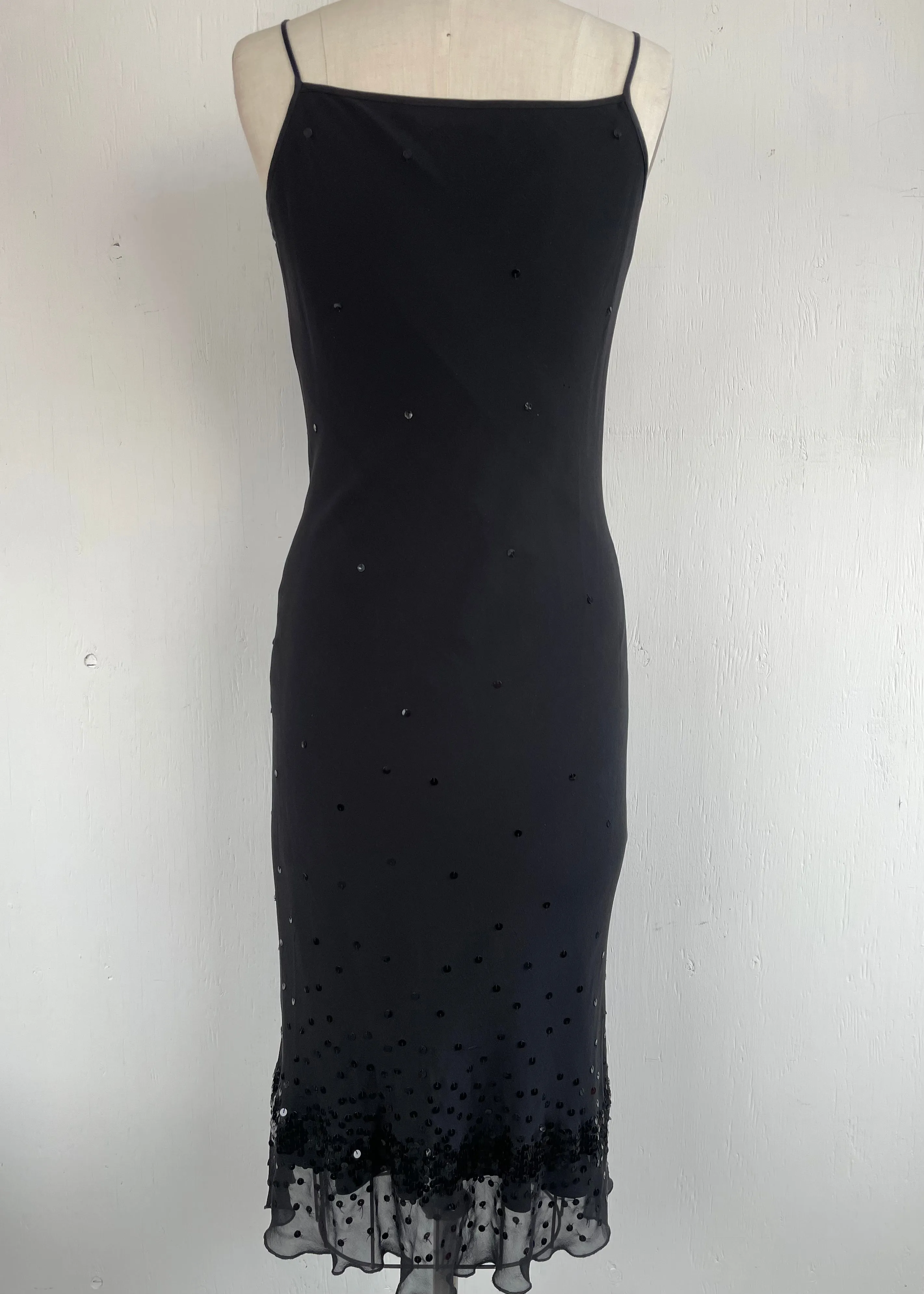 SUSAN ANGELOZZI black bias cut silk chiffon slip dress w/ sequins, S