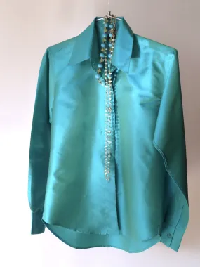 Thai Silk Button Down Shirt Blue Topaz