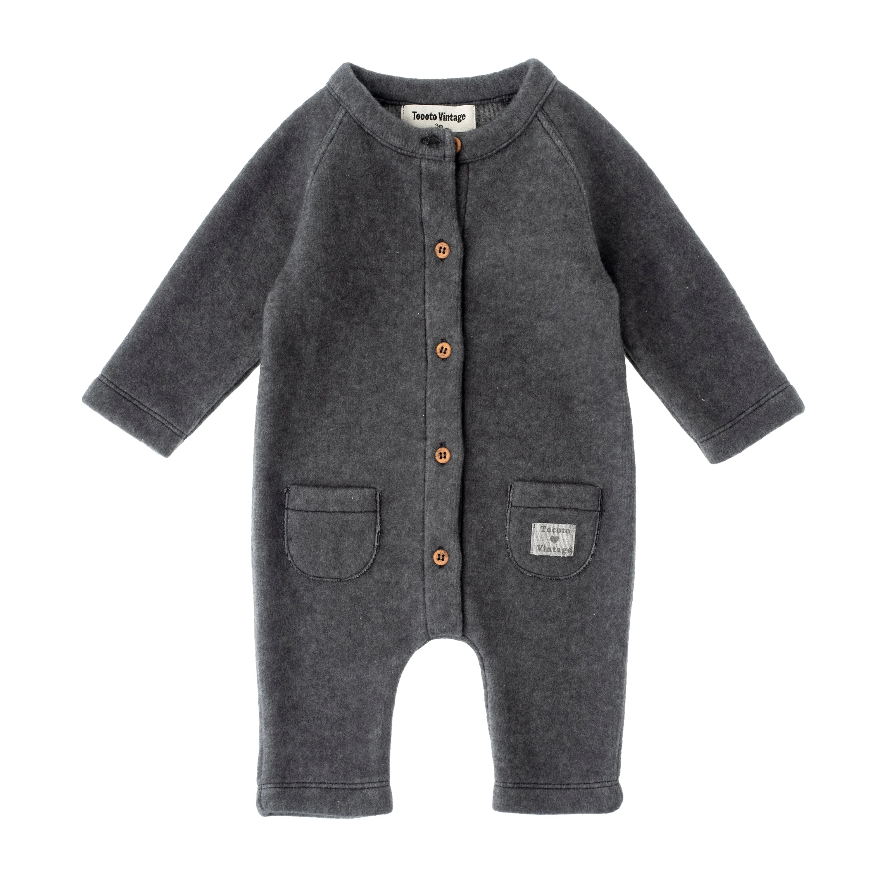 TOCOTO VINTAGE DARK GREY L/S MINI POCKET ROMPER