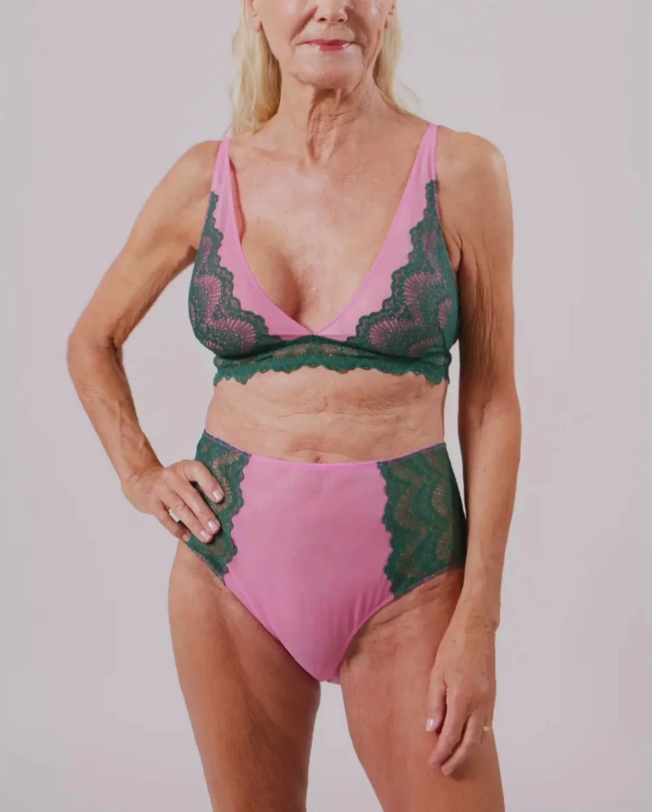 Understatement Underwear - Lace Mesh Plunge Bralette - Pine/Candy Pink