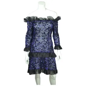 Vintage 1980s Yves Saint Laurent Violet Blue Sequin Lace Party Dress Size M