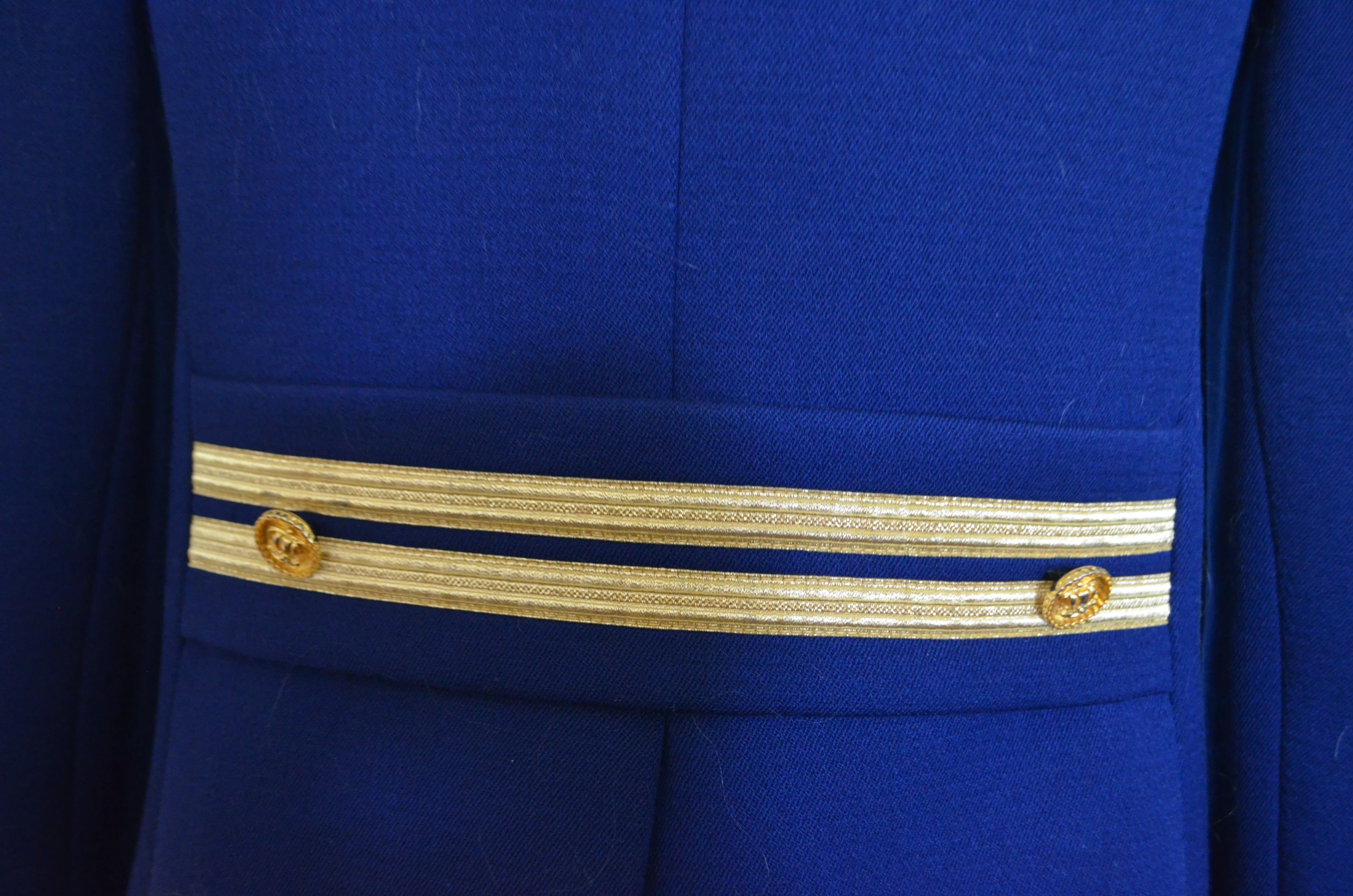 Vintage T Jones military blue navy pea coat with gold trim and crown buttons long jacket