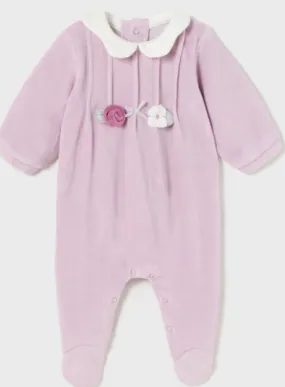 Violet Flowered Girl's Velour Footed Romper - Select Size