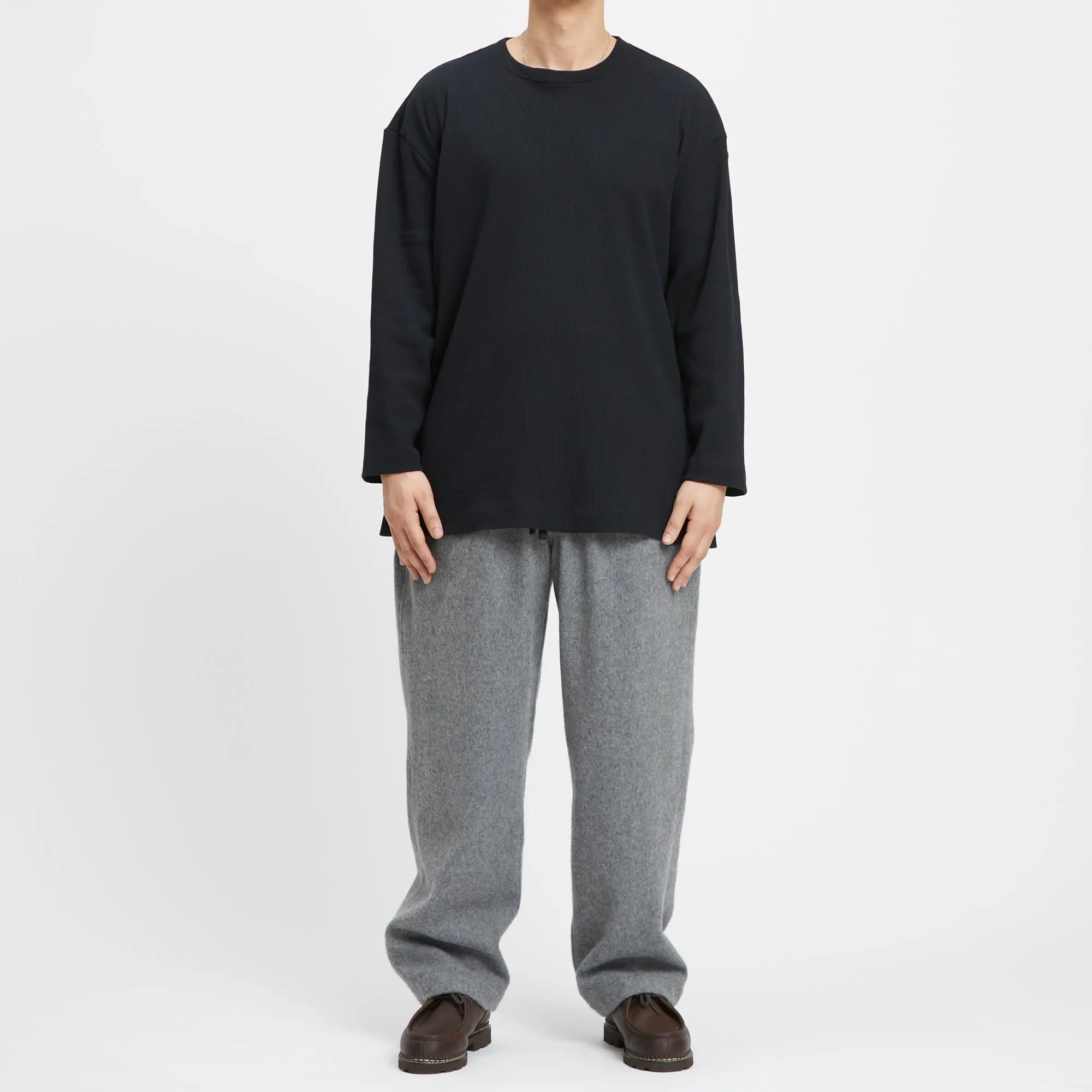 Waffle Thermal Long Sleeve T-Shirt - Black Cotton