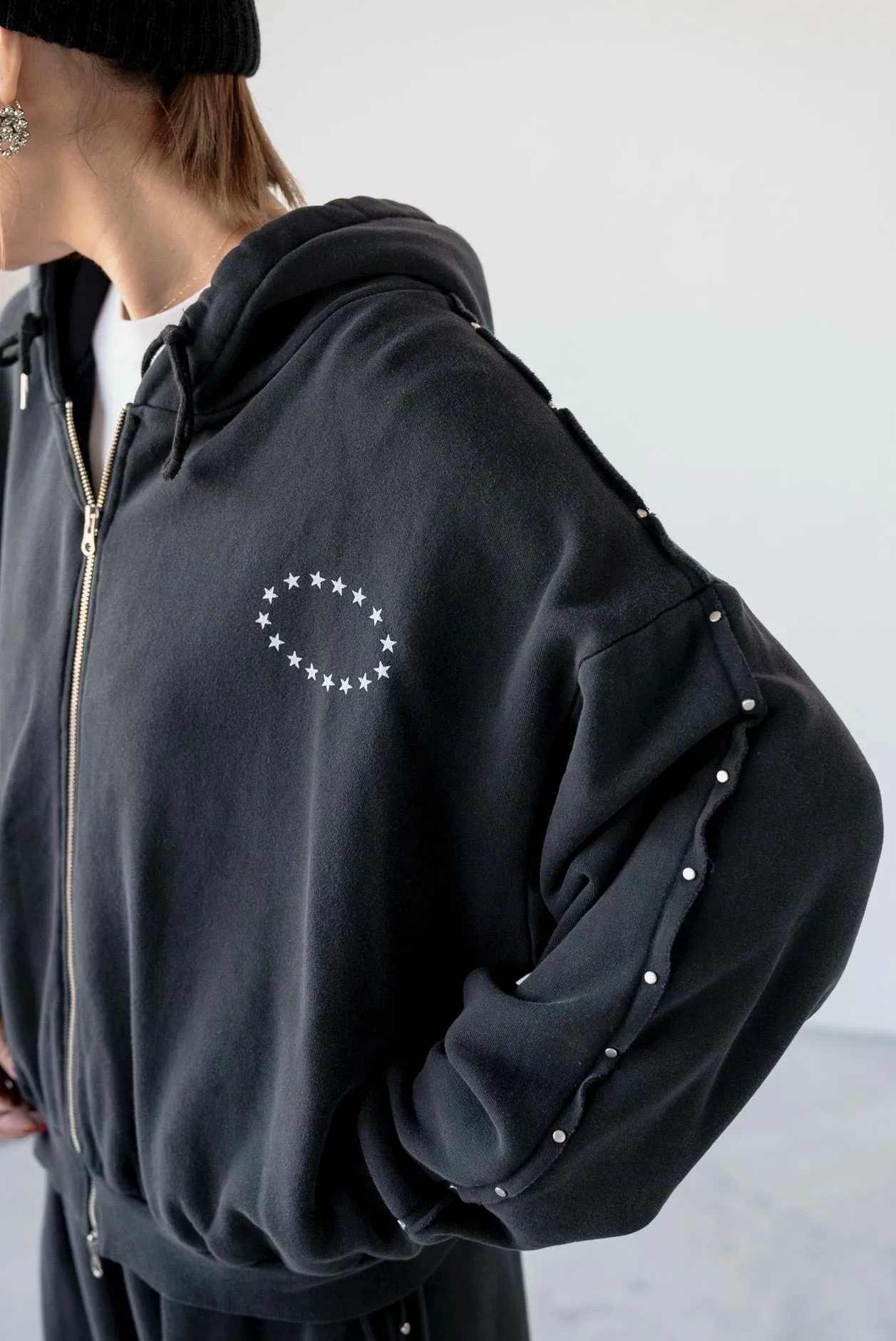WASHED BLACK STUDDED STARS HOODED SWEAT JACKET 🌟BEST BUY🌟 *LAST 2*