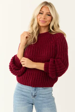 Wine Chunky Knit Mixed Weave Sweater